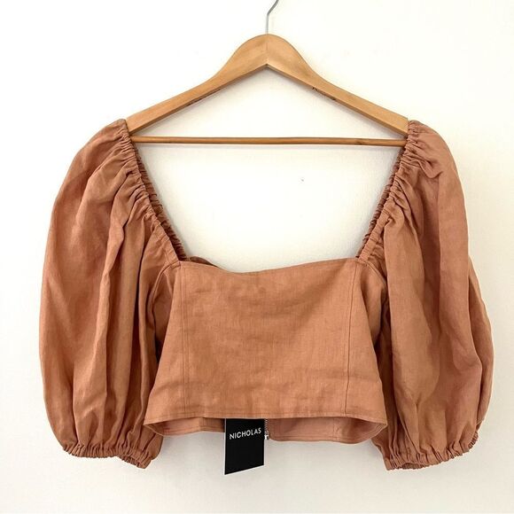 Revolve Nicholas Daw Cropped Linen Top Zip Front Puff Sleeve, Size 6, NWT - Picture 8 of 12